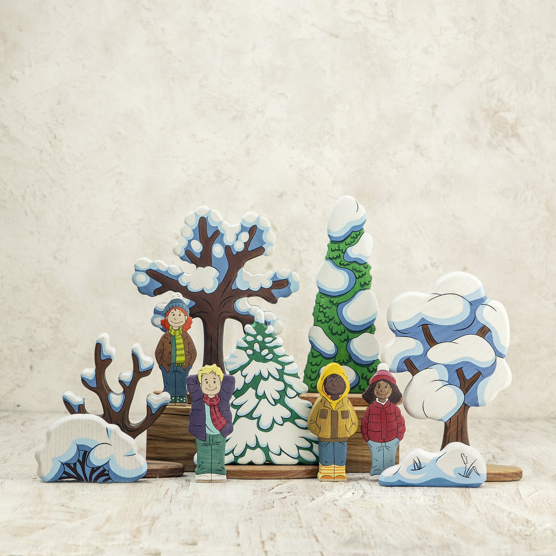 Wooden Caterpillar Winter Tree Toy with Snow Accents