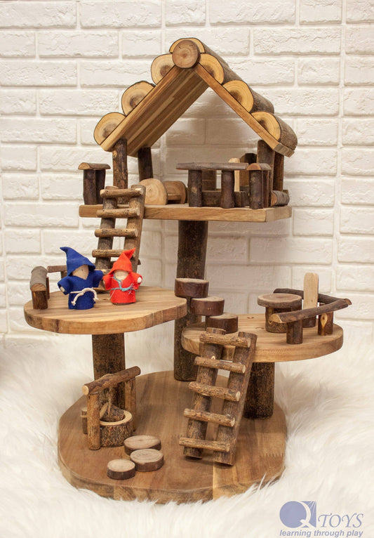 Large Wooden Tree House with Gnomes & accessories